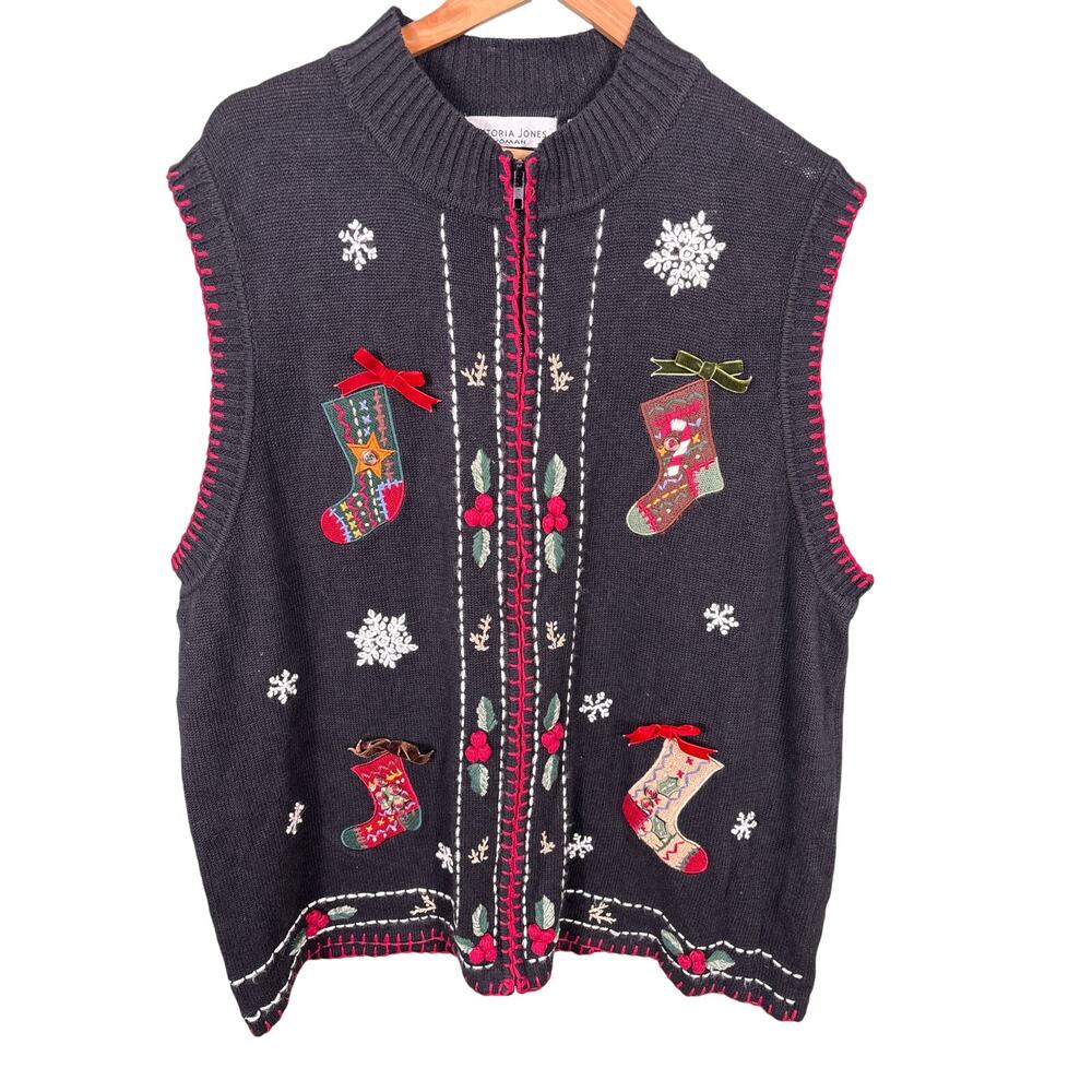 Victoria Jones Sweater Vest Women Size 3X Black Full Zip Christmas Socks Holiday